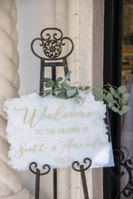 Load image into Gallery viewer, Hand Lettered Acrylic Wedding Sign, Wedding Welcome Sign, Calligraphy Wedding Sign, Wedding Ceremony Sign, Painted Acrylic Wedding Sign,