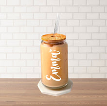 Load image into Gallery viewer, Personalized Name Iced Coffee Cup Soda Beer Can Glass with Lid and Glass Straw, Gift for Friends, Bridesmaid, Custom coffee cup glass, Name