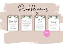 Load image into Gallery viewer, Greenery Baby Shower Games Bundle, Foliage Baby Shower Games, Customize Bundle, Name and Questions, Printable Baby Shower Games, Eucalyptus
