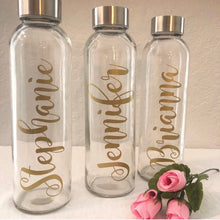 Load image into Gallery viewer, Bridesmaid Gift, Gold, Glass Water Bottle, Personalized Bridesmaid Gift, Bridesmaid Water Bottles, Wedding Waterbottles, Personalized