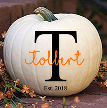 Load image into Gallery viewer, Last Name Personalized Vinyl decal, wedding gift, pumpkin decal, Halloween, Fall, family name decal, wedding decal, front porch DECAL ONLY