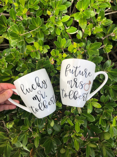 Future mrs lucky mr mug set- mr and mrs mugs- engagement mug gift for engaged couple- personalized engagement mrs mug- bride mug- engaged