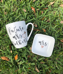 Bride gift box set- future mrs box set- personalized bride mug gift set- future mrs mug ring dish set- bride box- bride engagement gift idea