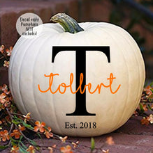Load image into Gallery viewer, Last Name Personalized Vinyl decal, wedding gift, pumpkin decal, Halloween, Fall, family name decal, wedding decal, front porch DECAL ONLY