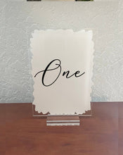 Load image into Gallery viewer, White and gold wedding table number, hand painted acrylic table number set with stand, modern wedding reception decor, clear table number