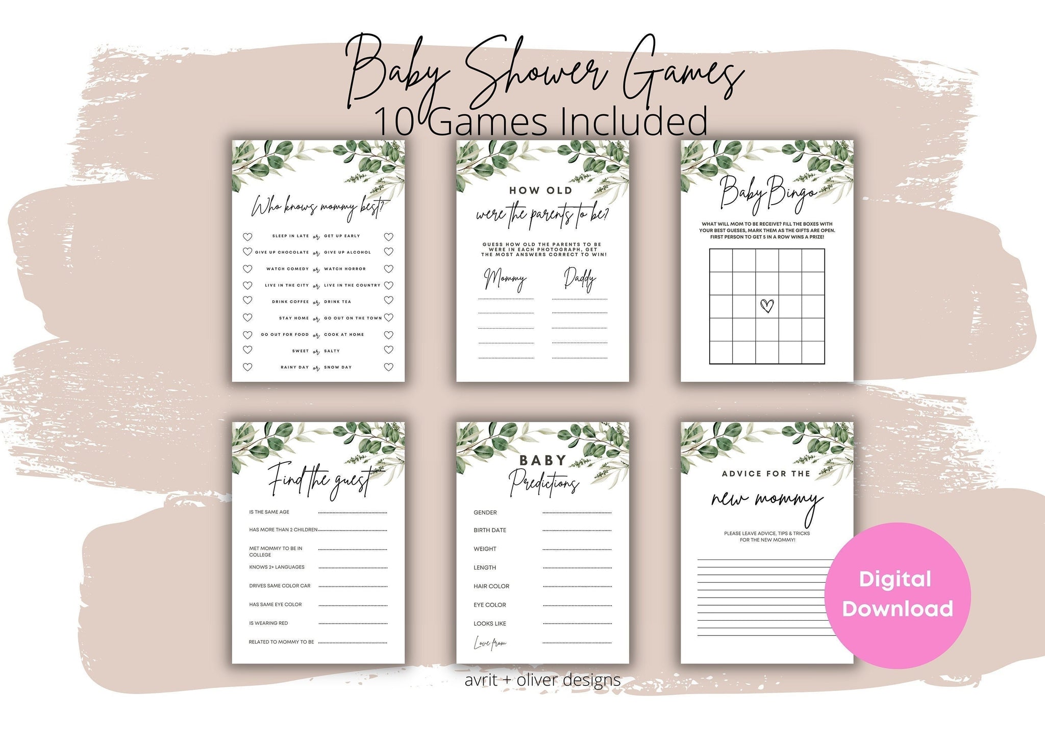 Baby Shower Games Bundle Greenery Baby Games Template Baby 