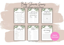 Load image into Gallery viewer, Greenery Baby Shower Games Bundle, Foliage Baby Shower Games, Customize Bundle, Name and Questions, Printable Baby Shower Games, Eucalyptus
