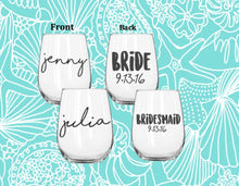 Load image into Gallery viewer, Personalized bridesmaid glasses-custom bridesmaid gift-bridesmaid wine glasses-bride sticker-bridal decals-bridal stickers-vinyl decal