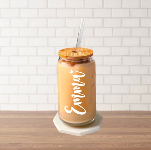 Personalized Name Iced Coffee Cup Soda Beer Can Glass with Lid and Glass Straw, Gift for Friends, Bridesmaid, Custom coffee cup glass, Name