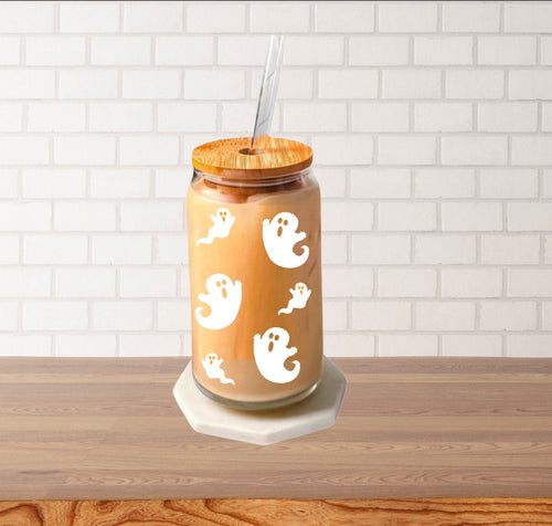 Halloween Glass Can, Ghost Glass Cup, Iced Coffee Glass for Spooky Season, 16 oz Beer Can Glass with Bamboo Lid, Fall ghost Coffee Glass