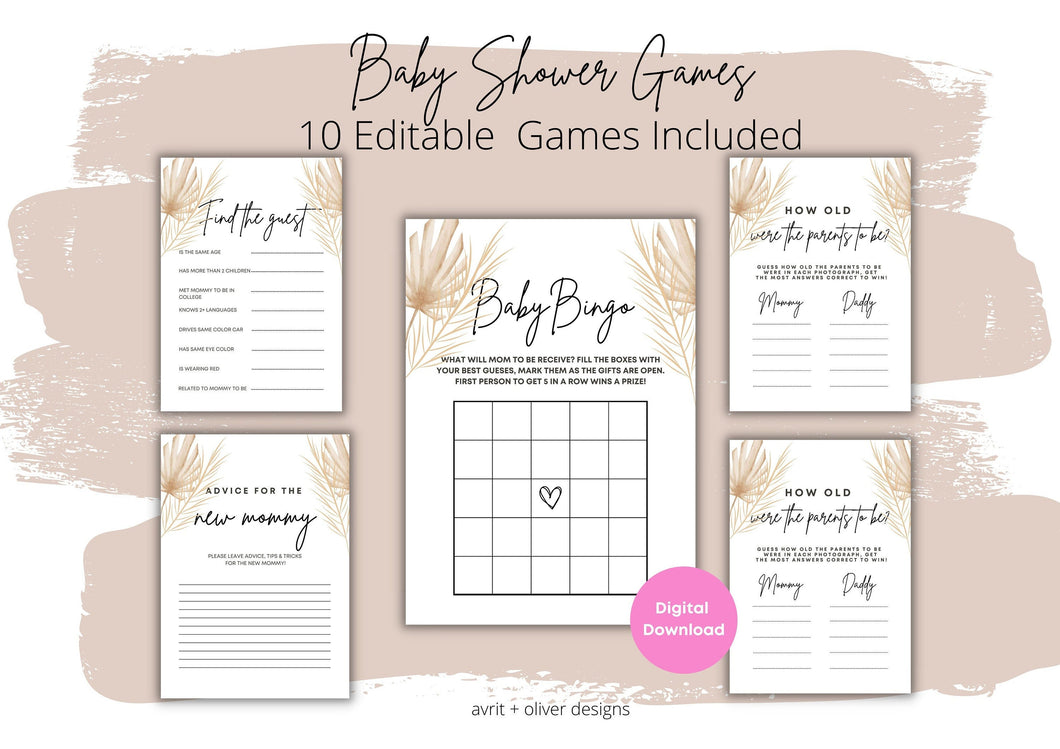 Pampas Grass Bear Baby Shower Games, Boho Baby Shower Game Bundle, BohemianThemed Bingo Emoji Instant Download Digital, Fully editable Game