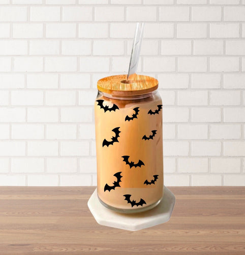 Halloween Glass Can, Ghost Glass Cup, Iced Coffee Glass for Spooky Season, 16 oz Beer Can Glass with Bamboo Lid, Fall bat Coffee Glass