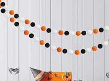 Load image into Gallery viewer, Halloween Felt Ball Garland - Black, Ivory, Orange, - with Swirls and Polka Dots - Halloween Garland, Halloween decor, halloweREADY TO SHIP!